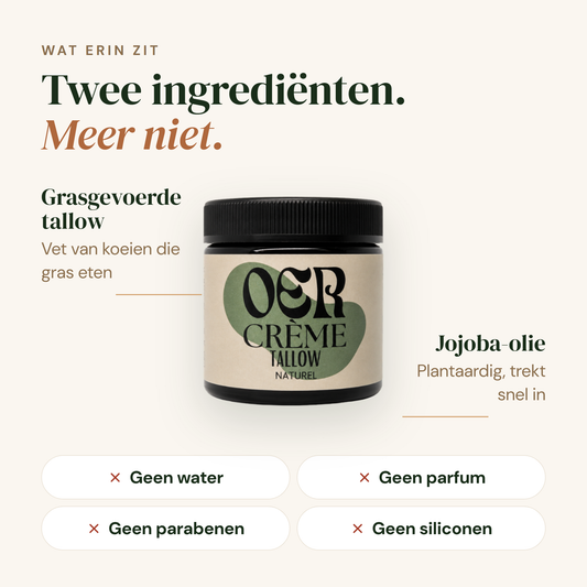 Oercrème: twee ingrediënten, grasgevoerde tallow en jojoba-olie